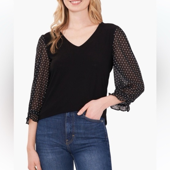 CeCe Blouse Womens Sz XL Mixed Media V-Neck Black With Polka Dot Sleeves Office - Picture 1 of 6